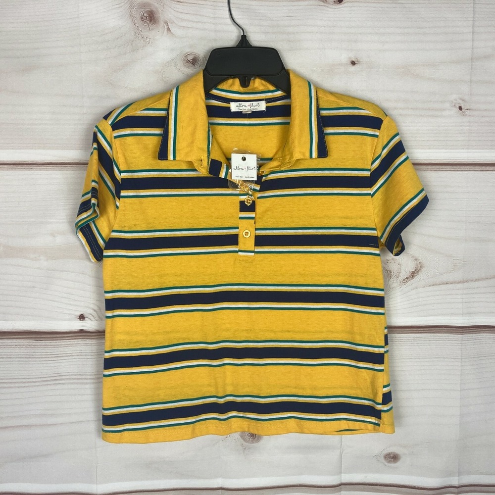Ultra Flirt Top Juniors M Yellow Stripe Crop T-Shirt Collar Polo Short Sleeve